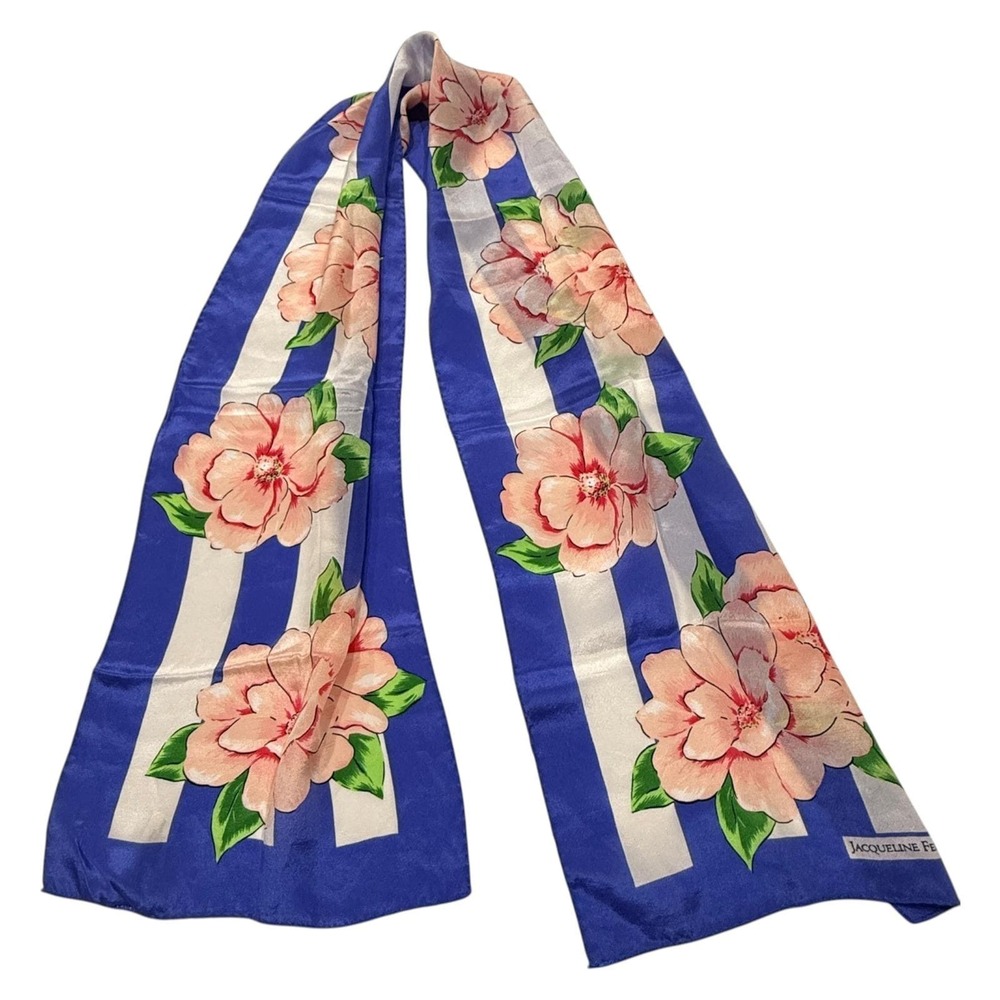 Jacqueline Ferrar Silk Scarf Vintage Floral Blue White Striped Japan 10 x 51"